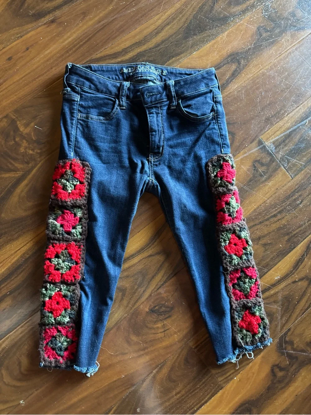 Upcycled dark wash capris with granny squares added - Picture 1 of 7